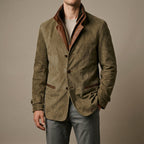 Men's zip-front leather biker jacket in khaki
