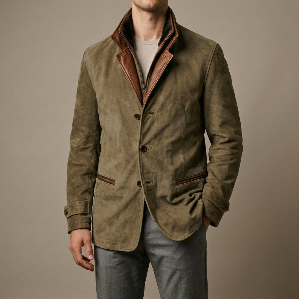 Men's zip-front leather biker jacket in khaki