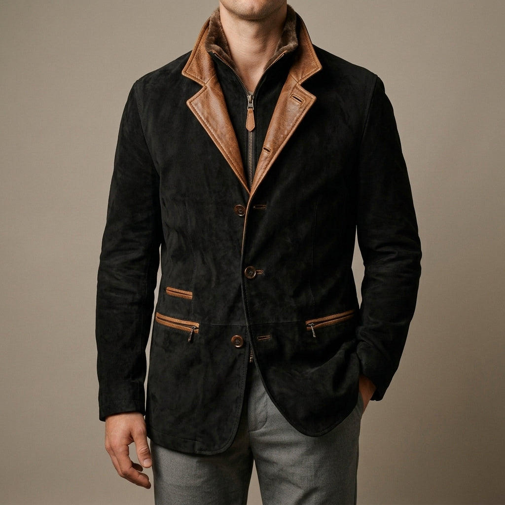 Men's zip-front leather biker jacket in black — additional view