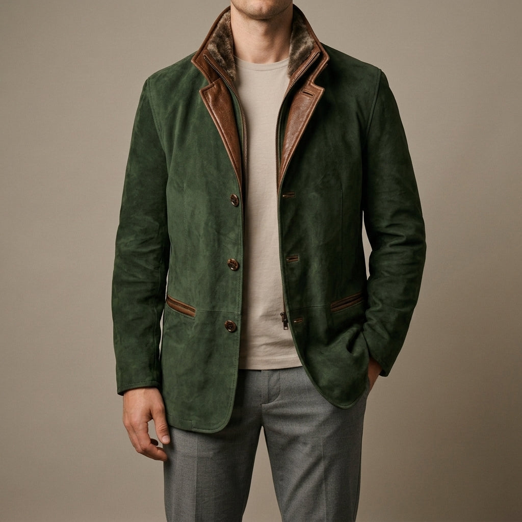 Men's zip-front leather biker jacket in green — additional view