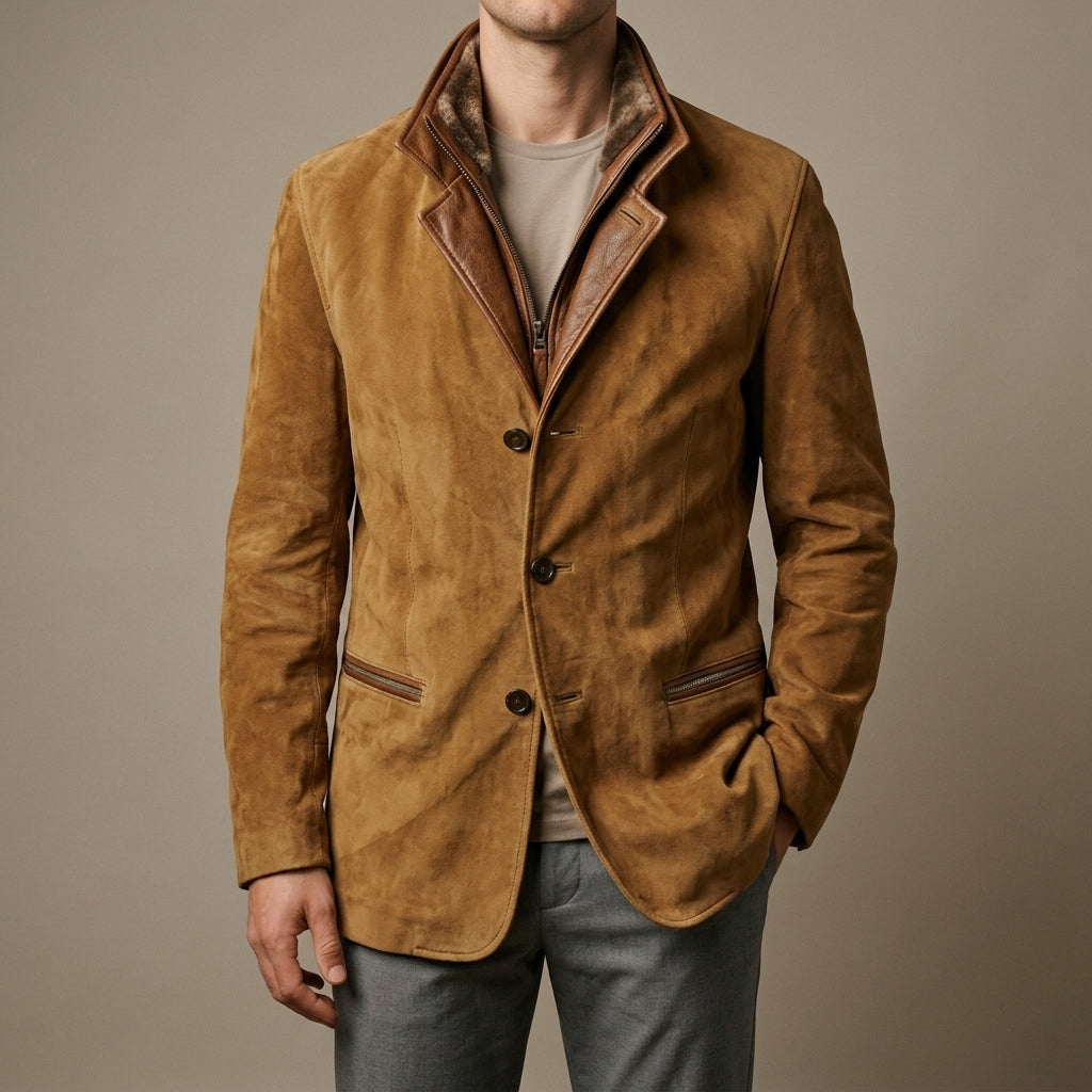 Men's zip-front leather biker jacket in beige — alternate view