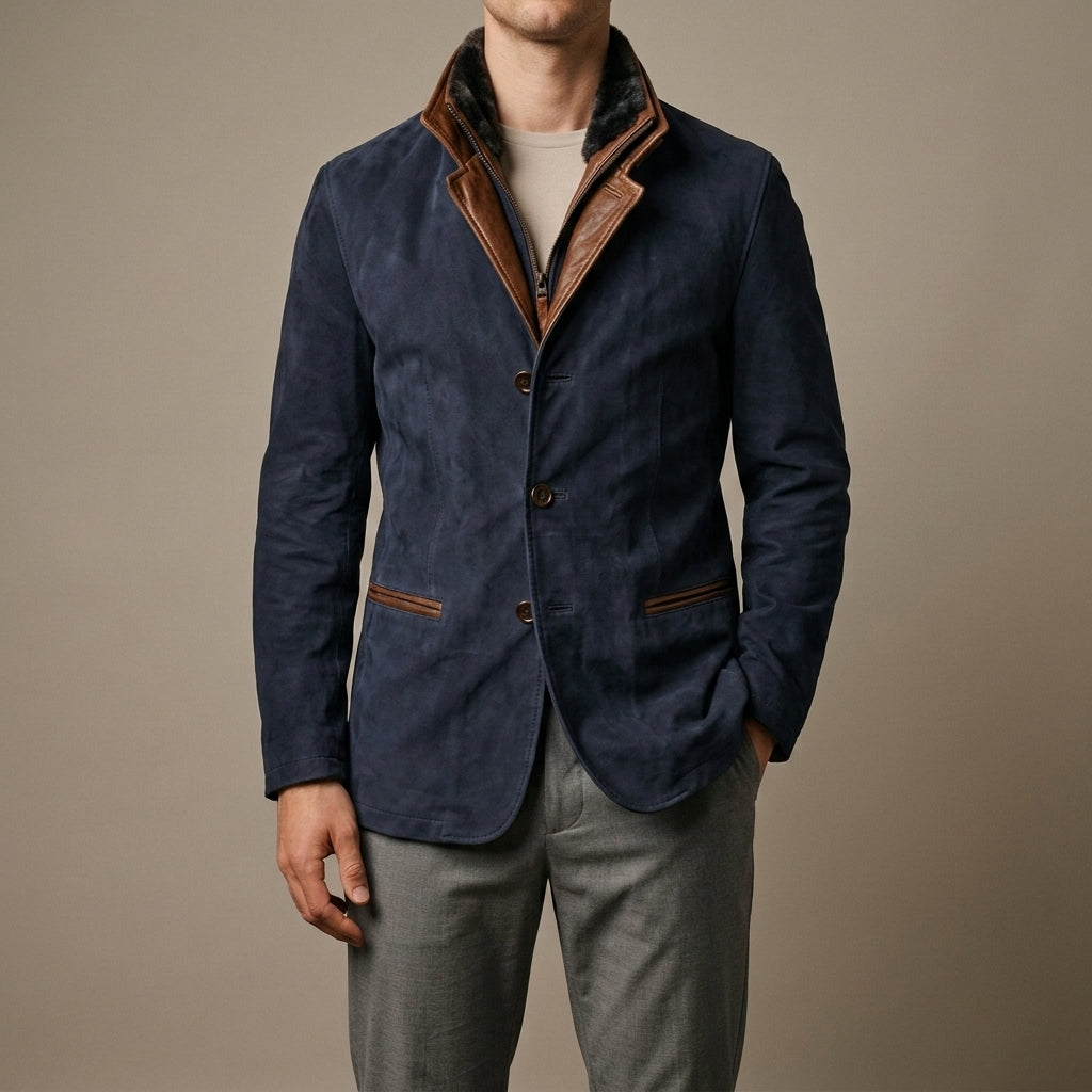 Men's zip-front leather biker jacket in blue — detail view