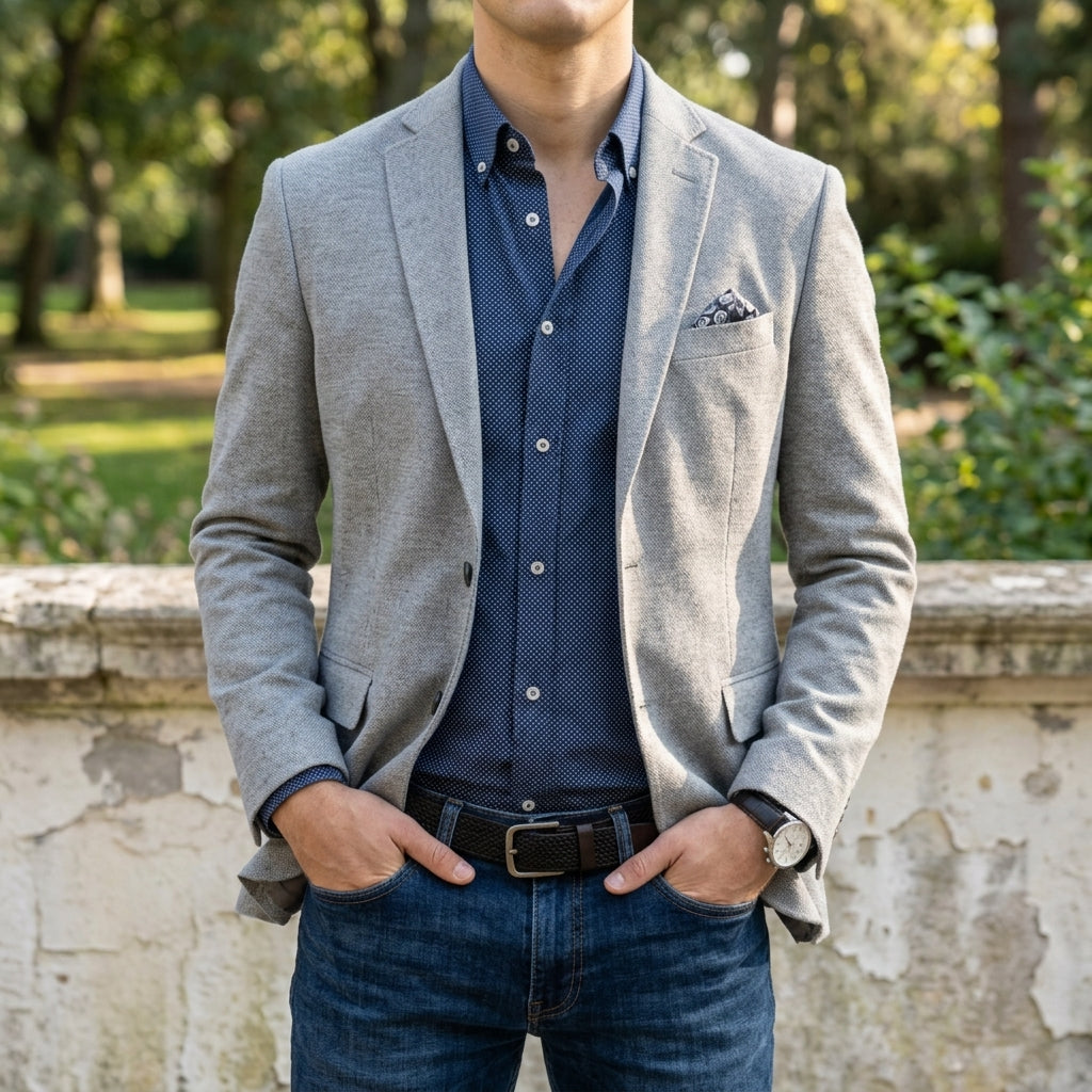 Men's slim-fit notch lapel blazer in heather gray — detail view
