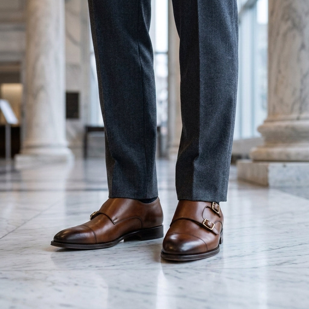 Men's leather monk-strap dress shoes in brown — alternate view