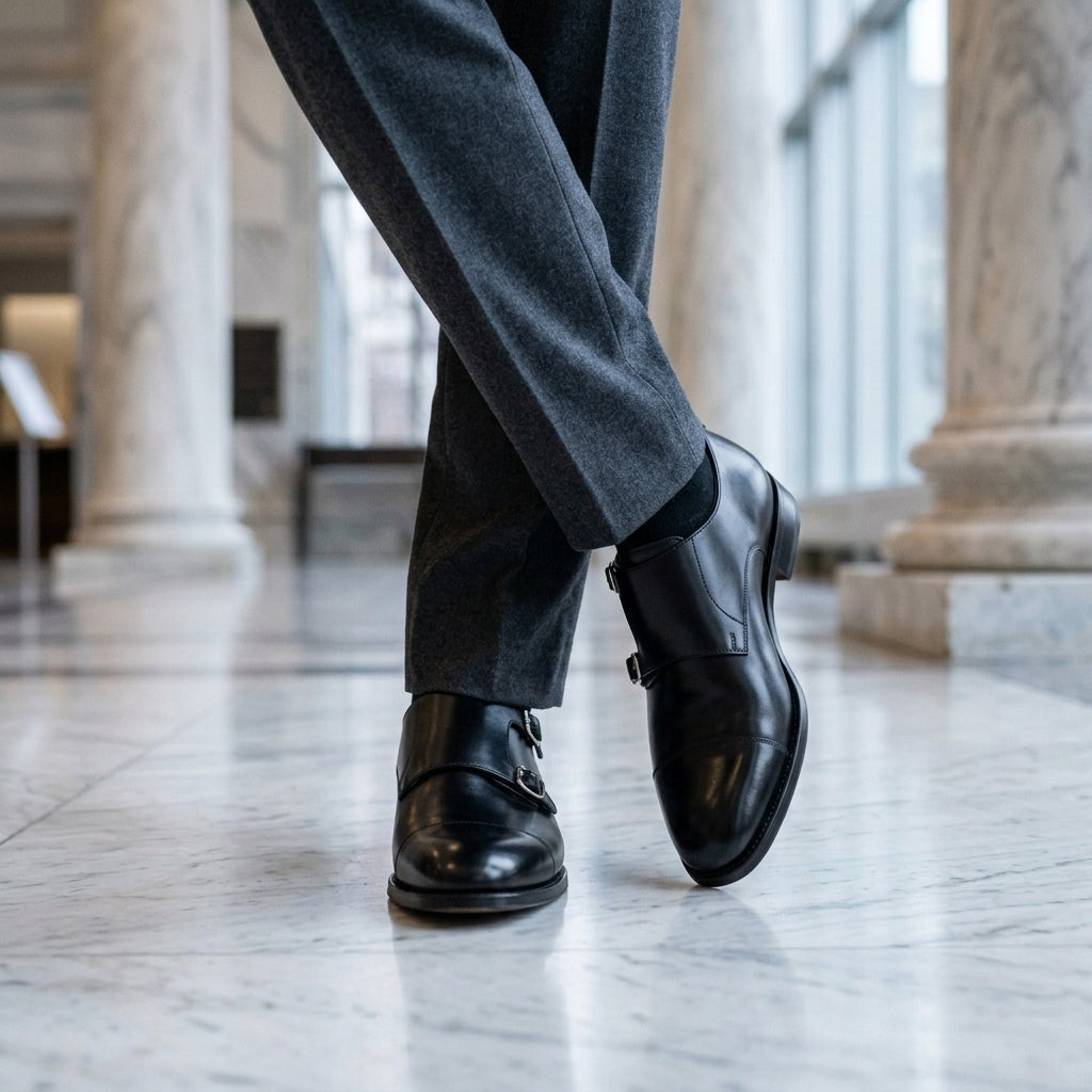 Men's leather monk-strap dress shoes — detail view