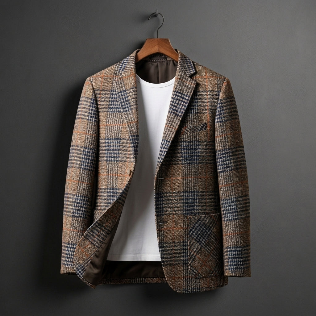 Men's houndstooth wool notch blazer in brown