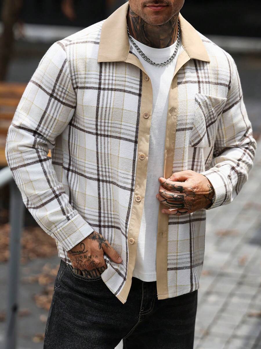 Men's checked long sleeve shacket in apricot — additional view