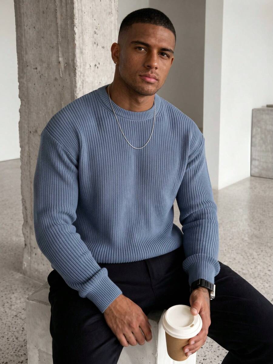 Men's crew neck long sleeve pullover in blue — additional view