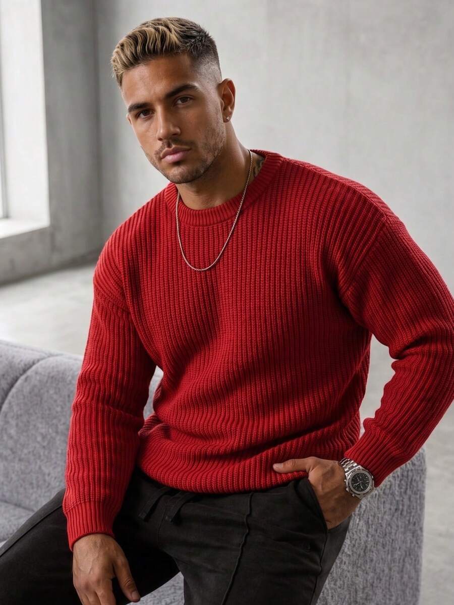 Men's crew neck long sleeve pullover in rose red — additional view