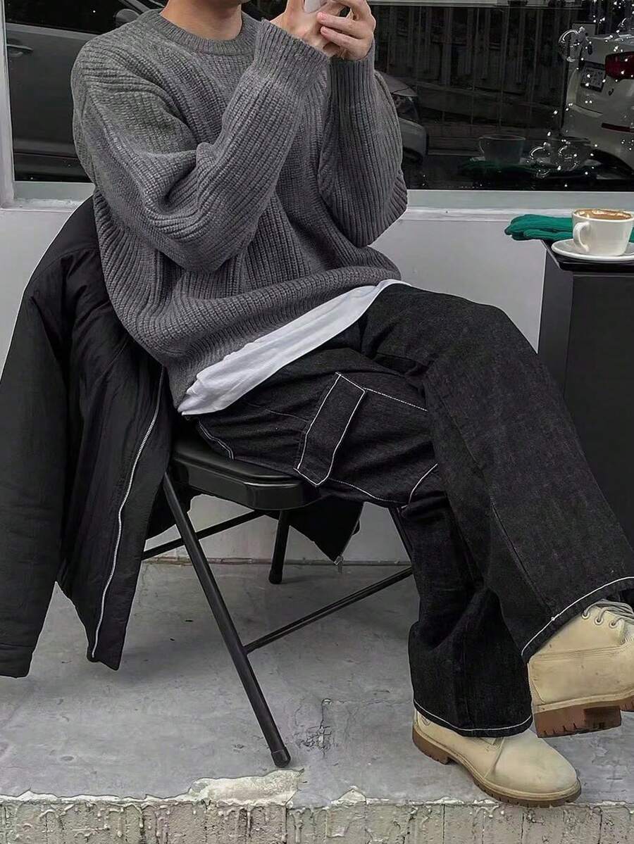 Men's crew neck long sleeve pullover — detail view