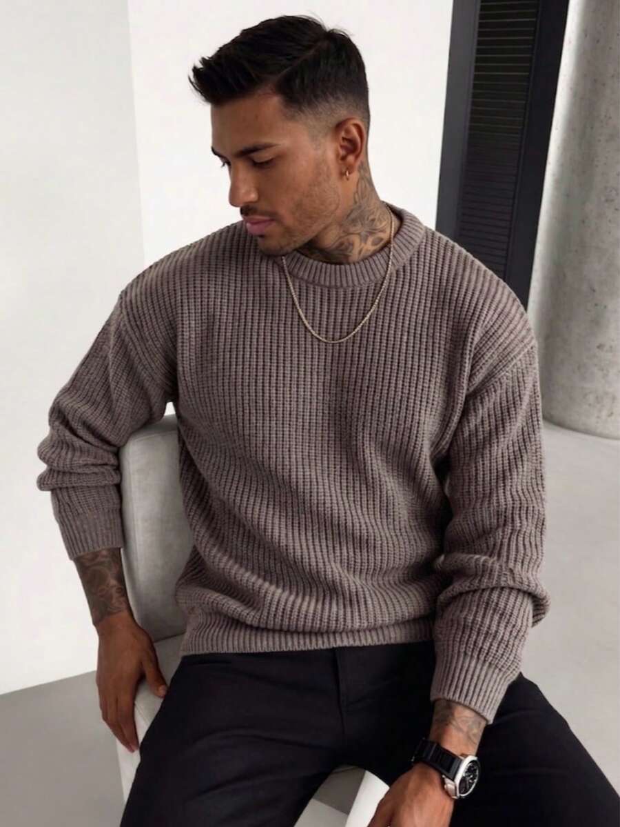 Men's crew neck long sleeve pullover in coffee brown — additional view