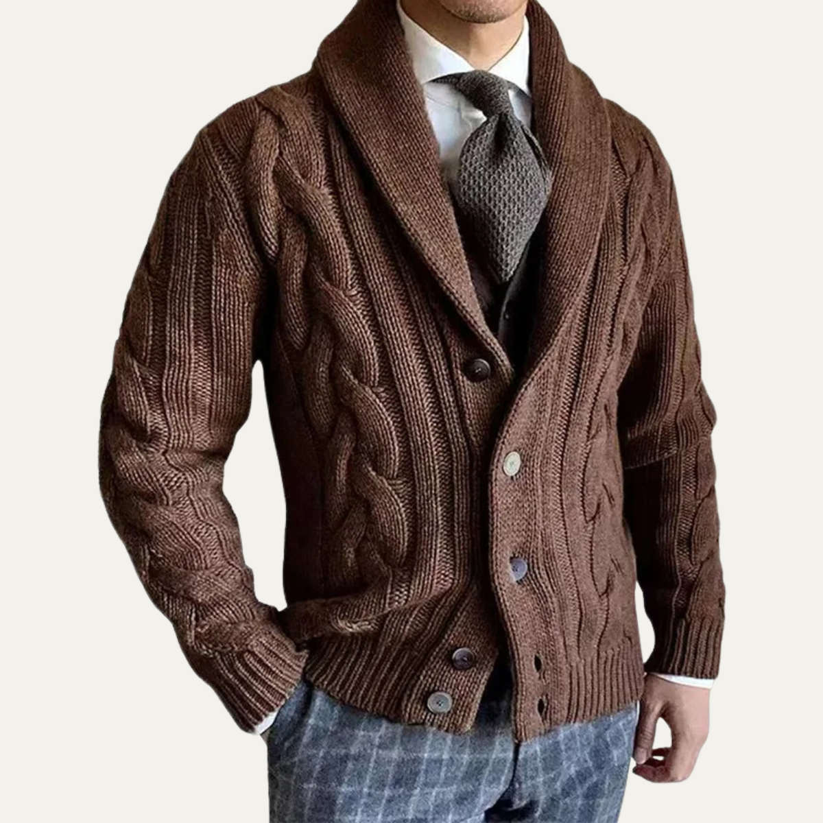 Men's chunky cable cardigan in brown — detail view