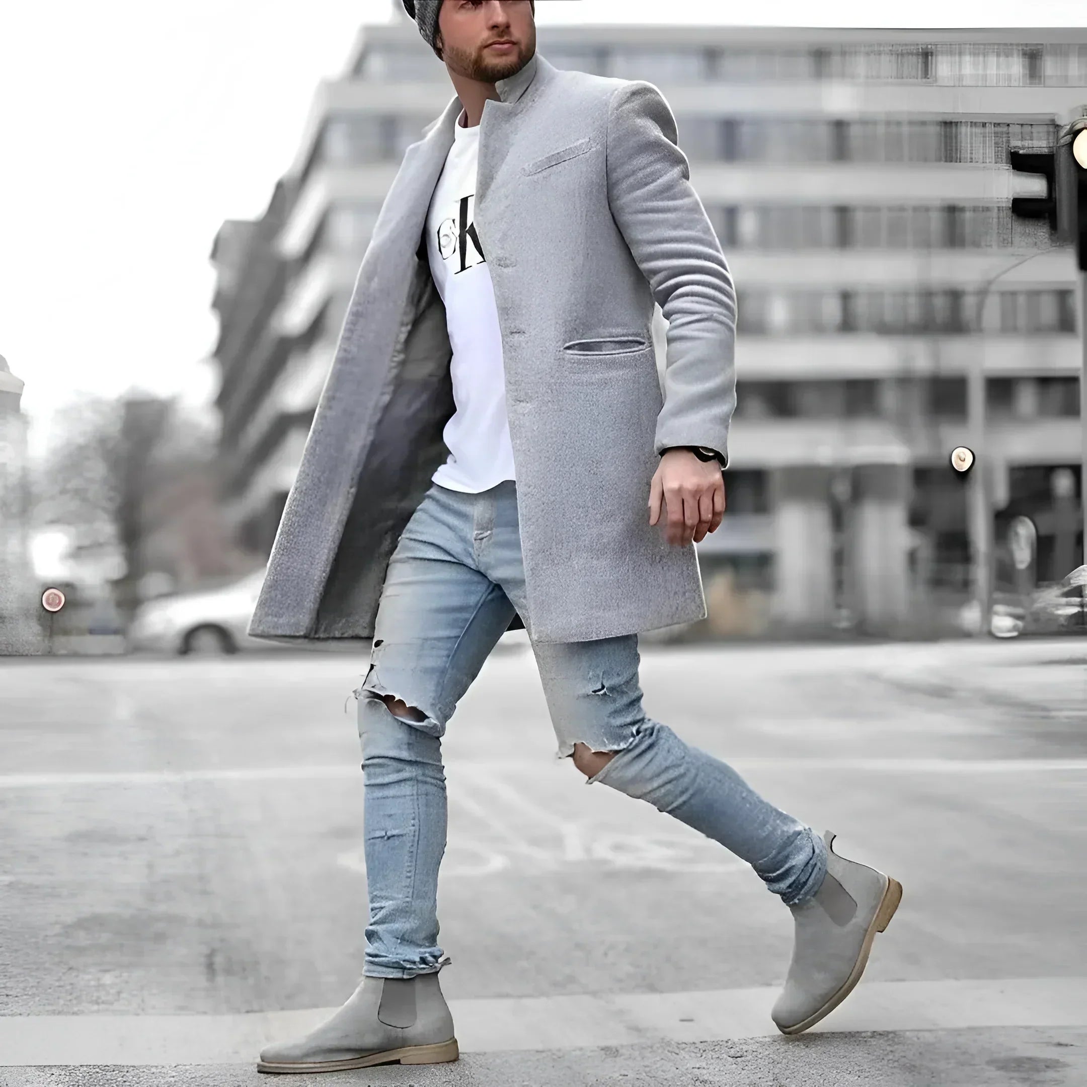 Men's long wool duster coat in grey