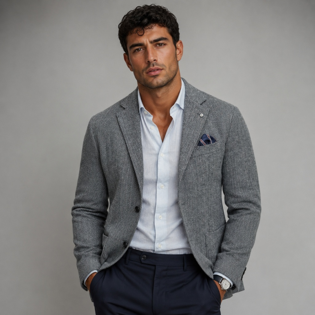 Men's single-breasted herringbone blazer in gray — alternate view