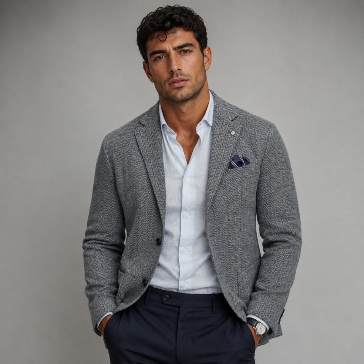 Men's single-breasted herringbone blazer in gray — alternate view