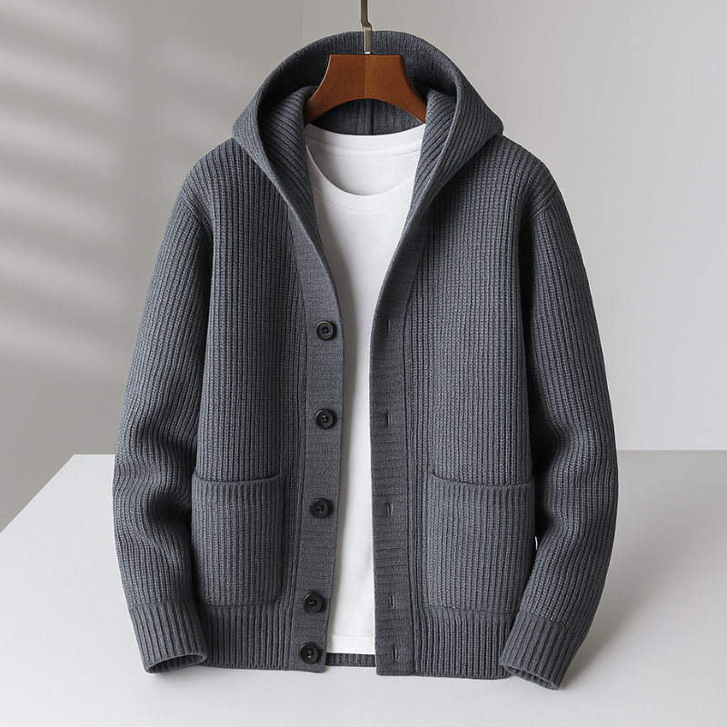 Men's chunky ribbed hooded cardigan in gray — detail view