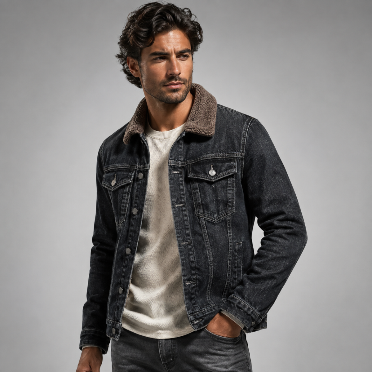 Men's fleece-lined classic denim jacket in black — alternate view