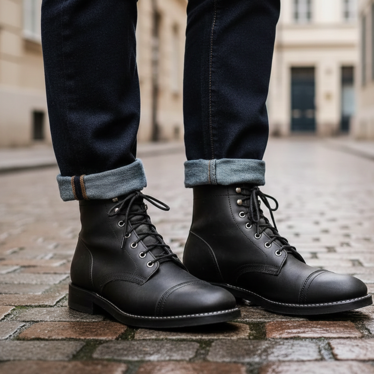 Men's leather lace-up combat boots in black — alternate view