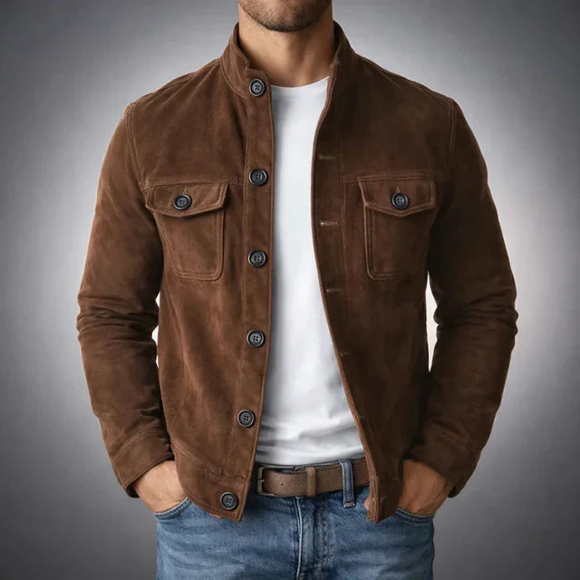 Men's classic suede jacket in dark brown — detail view