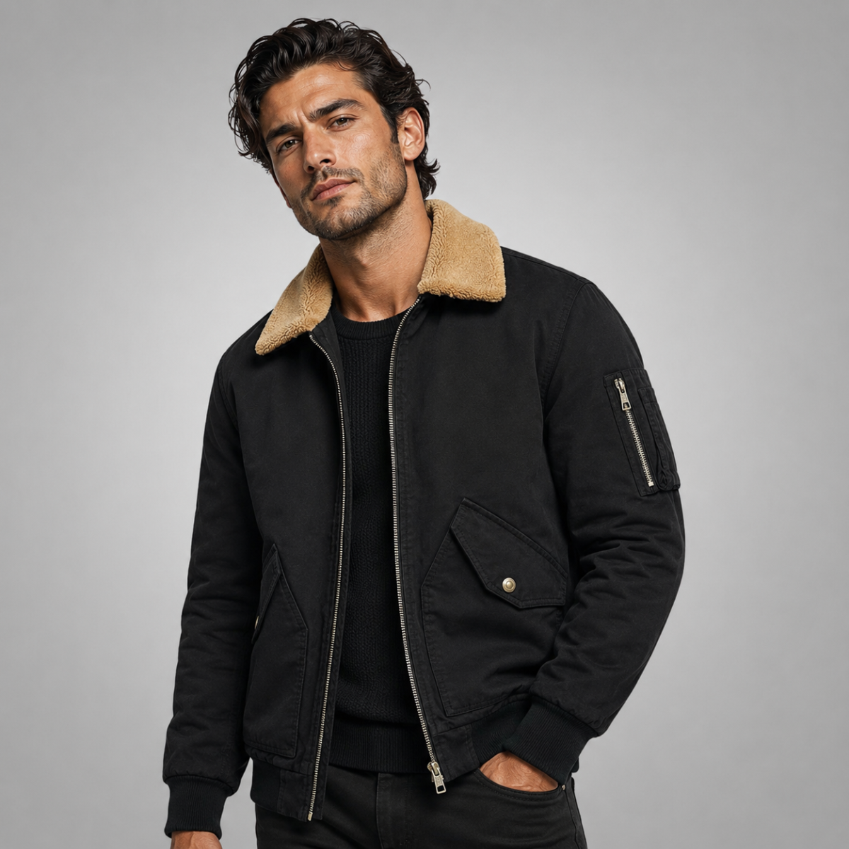 Men's sherpa-lined bomber jacket in black — alternate view