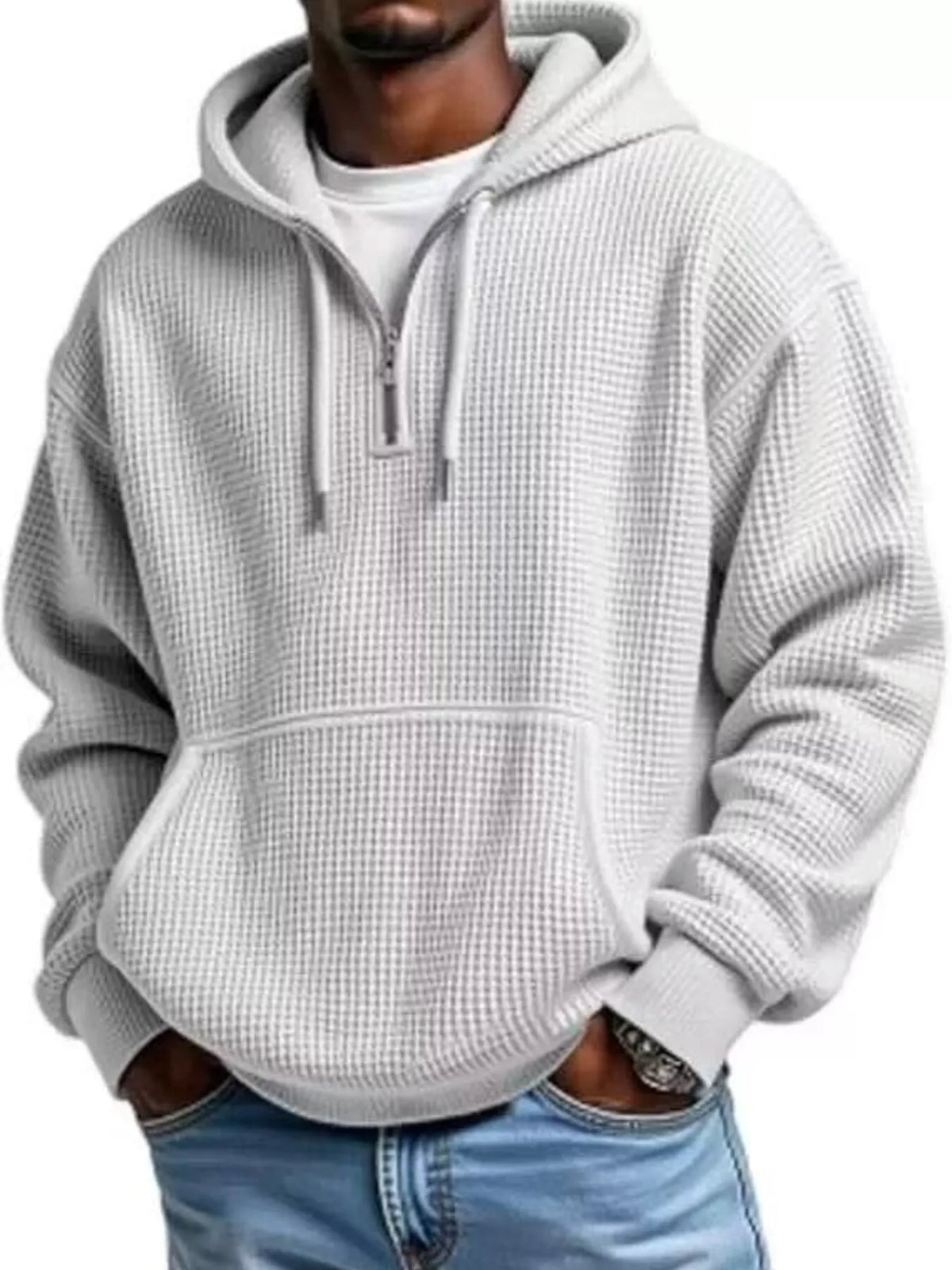 Men's half-zip waffle-knit hoodie in white — additional view