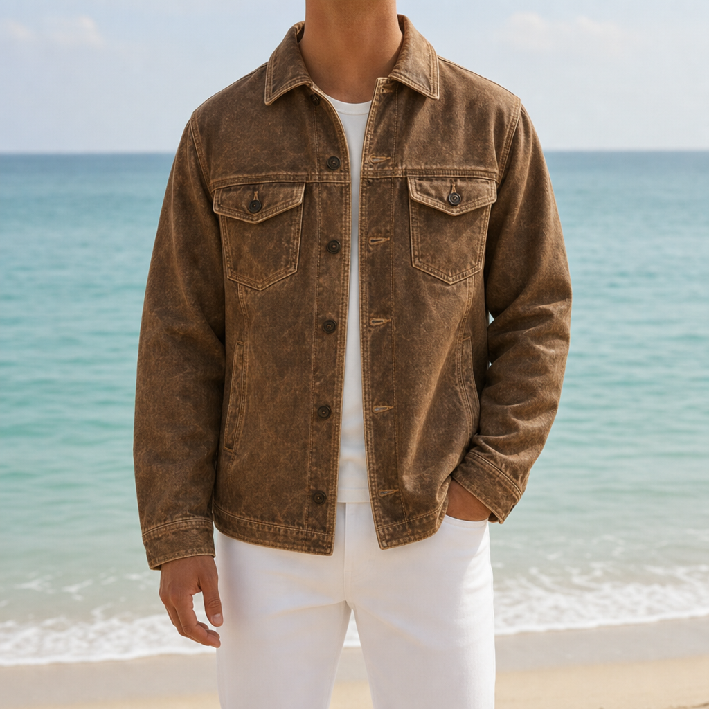 Men's washed denim work jacket in brown — detail view