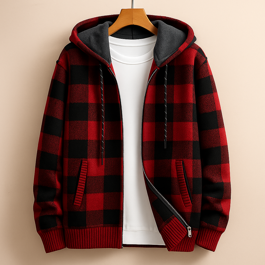 Men's plaid fleece-lined hooded jacket in red