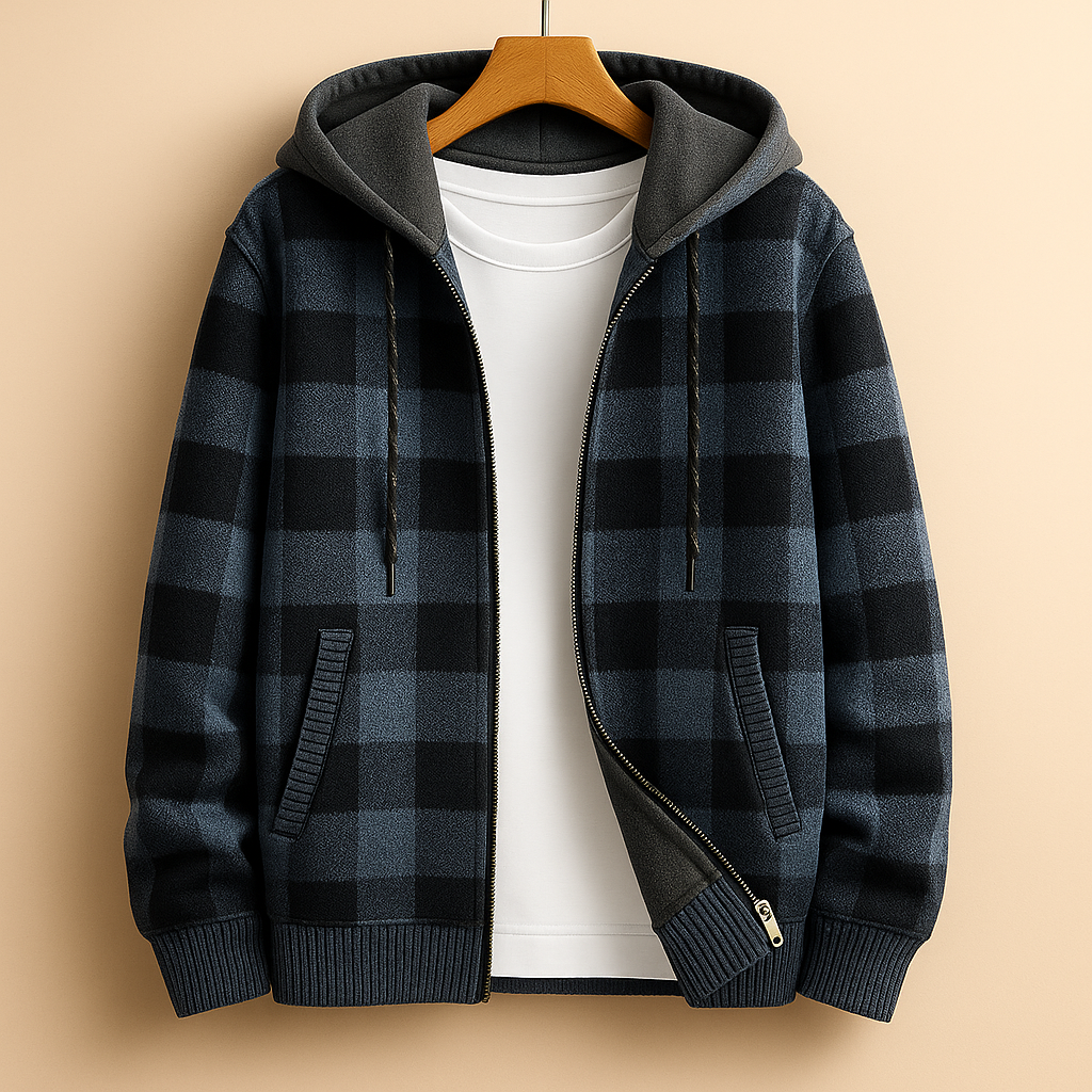 Men's plaid fleece-lined hooded jacket in blue — additional view