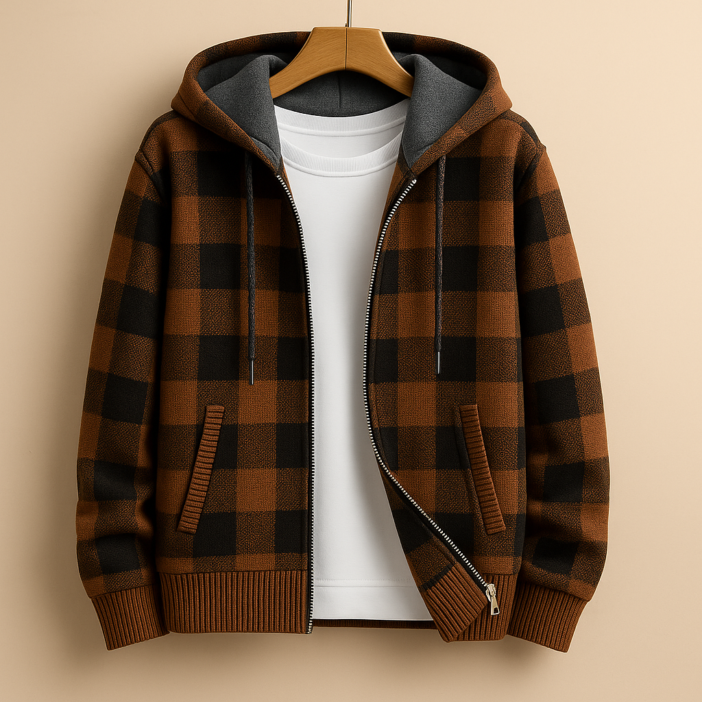 Men's plaid fleece-lined hooded jacket in brown — detail view