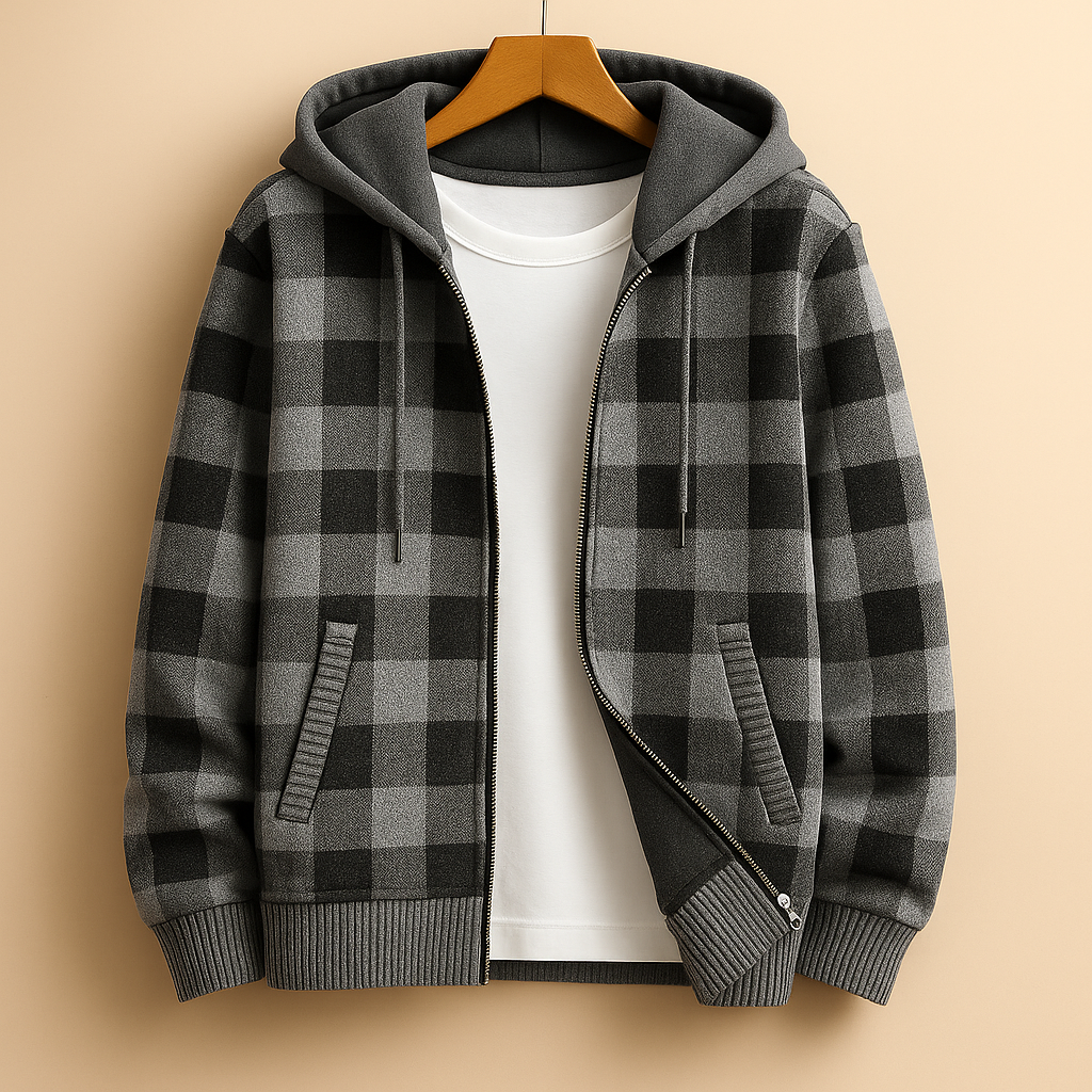 Men's plaid fleece-lined hooded jacket in grey — additional view