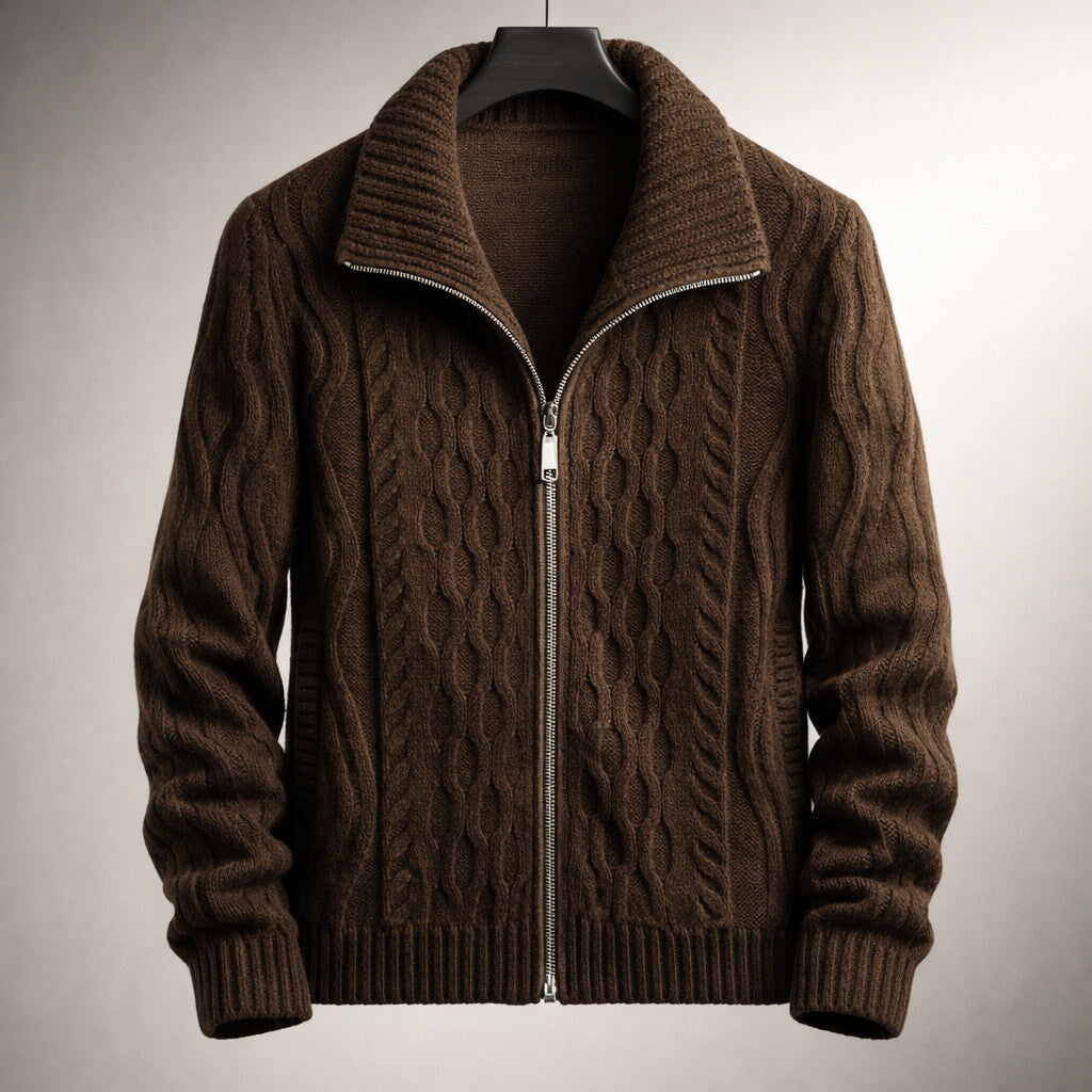Men's cable knit zip-up cardigan in dark brown — detail view