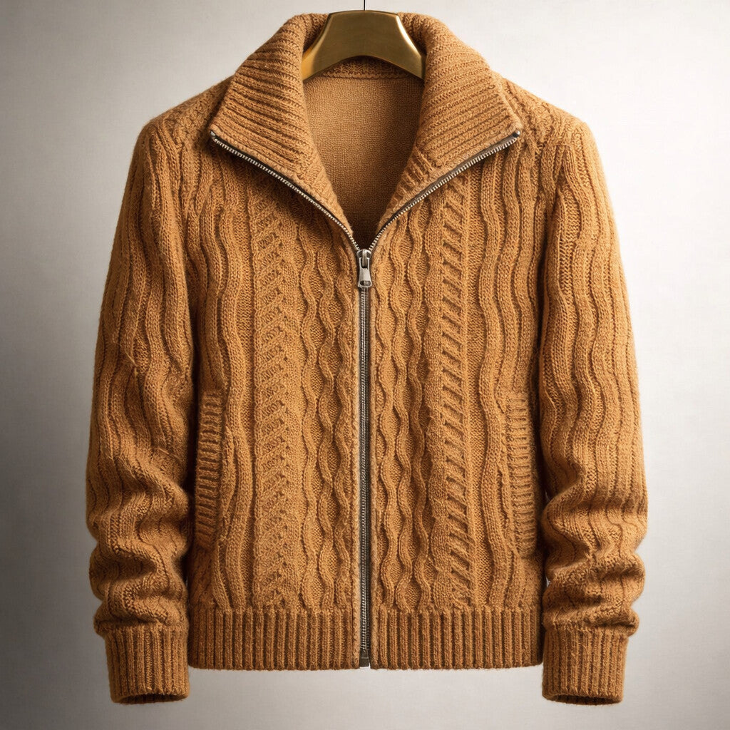 Men's cable knit zip-up cardigan in brown — alternate view