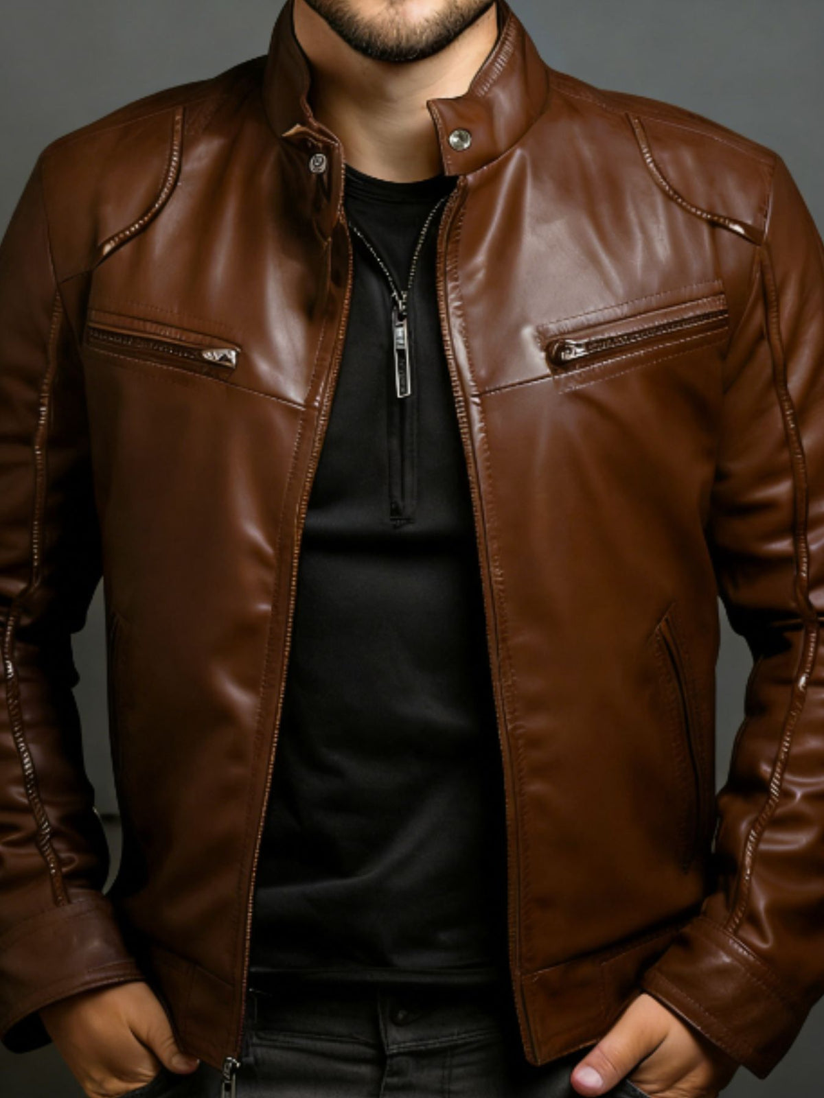 Men's zip-front faux leather biker jacket in caramel — additional view
