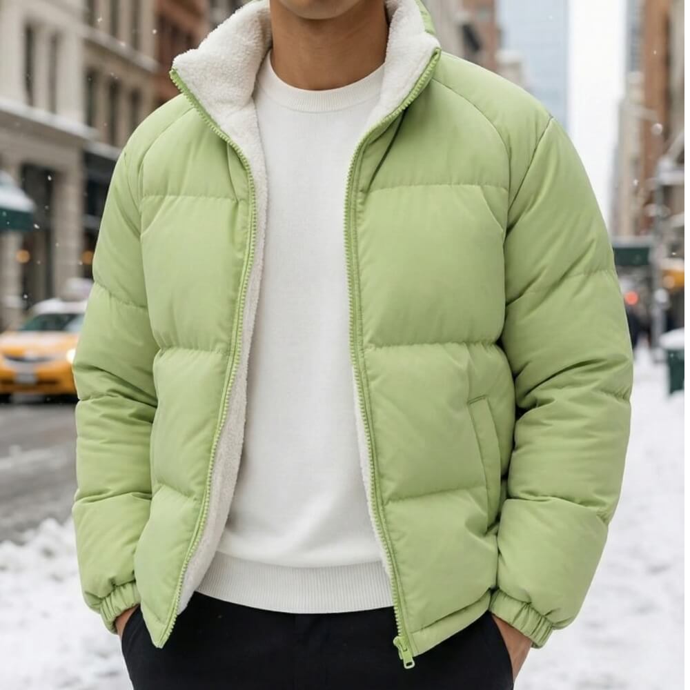Men's relaxed zip-up down jacket in green — additional view