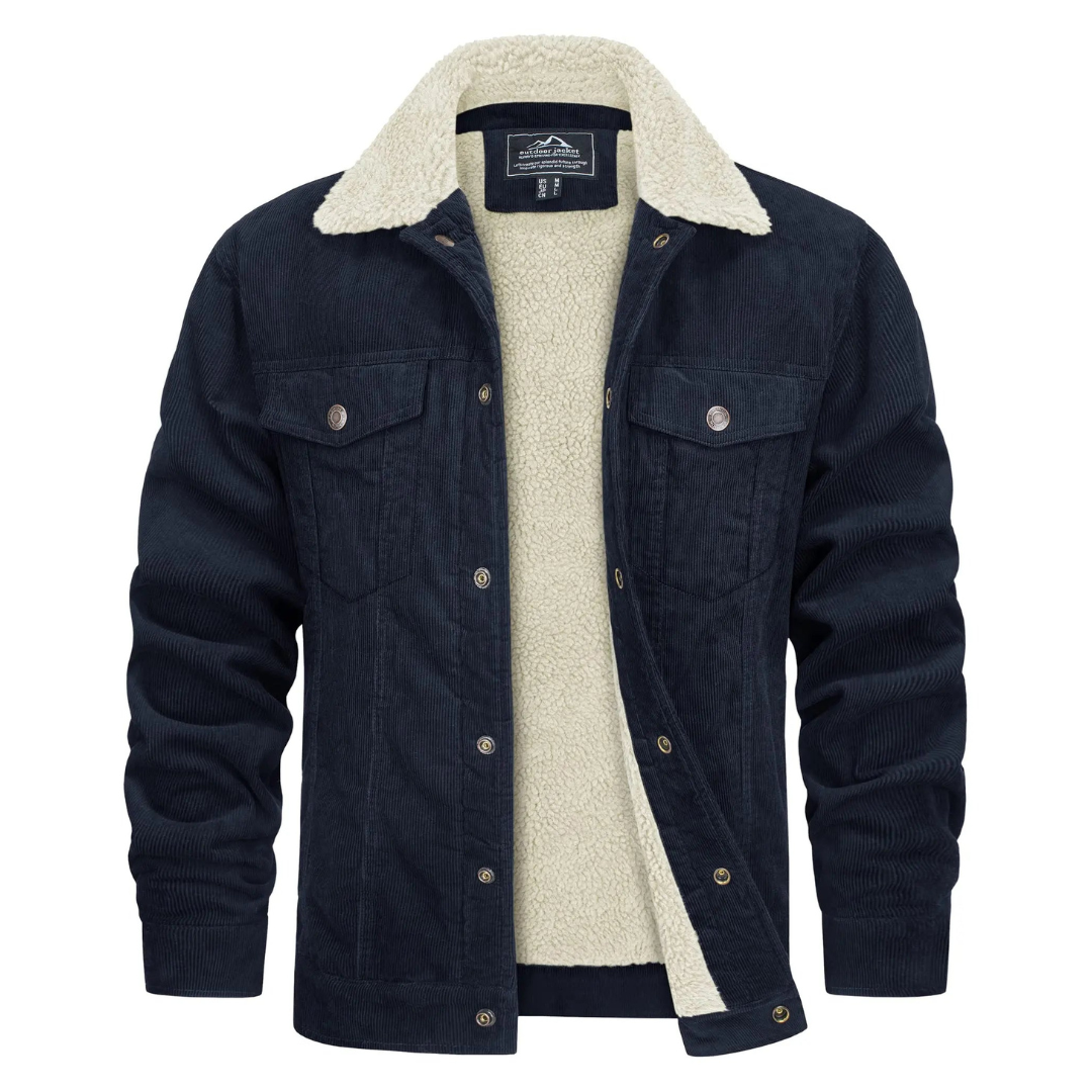 Men's insulated hooded jacket in navy blue — detail view