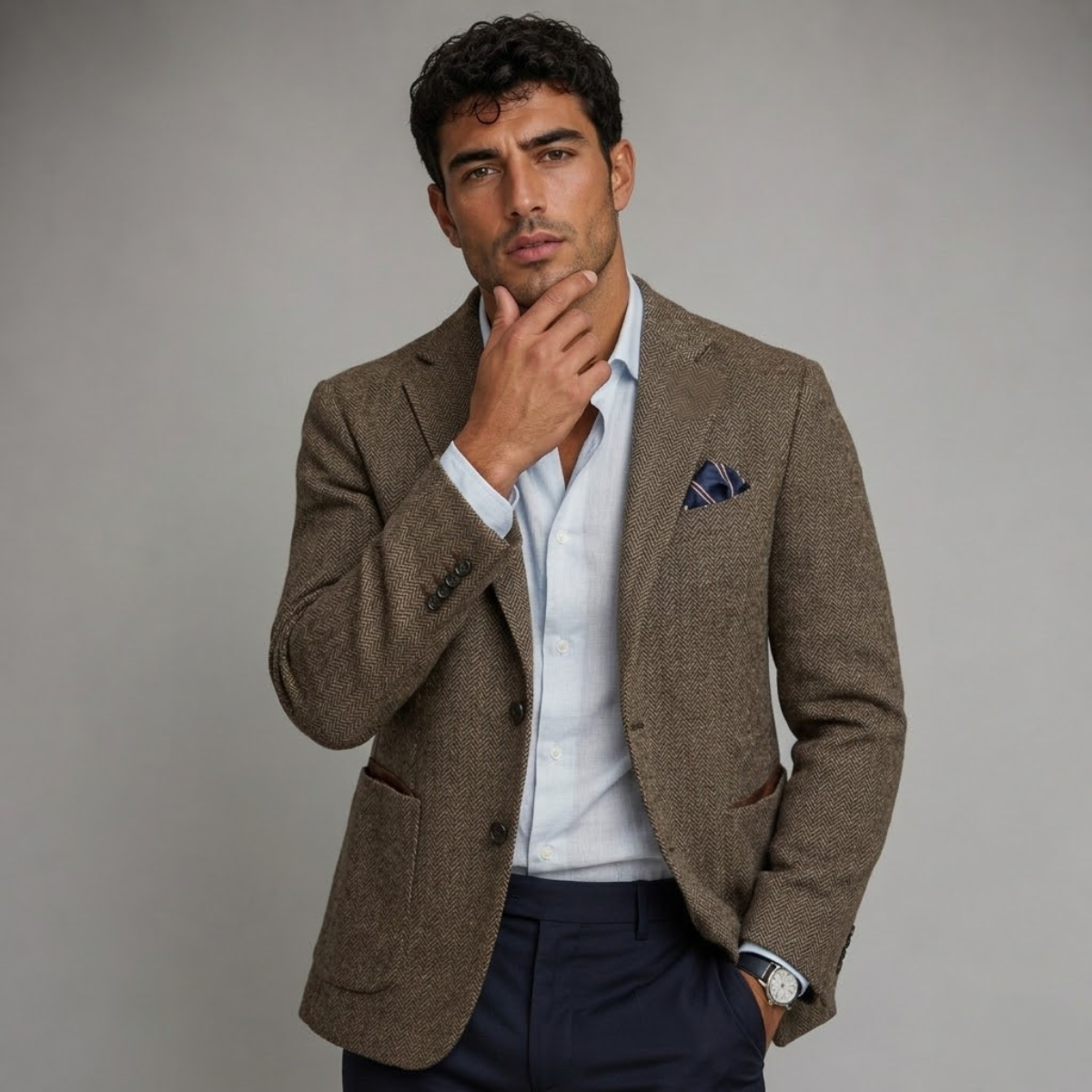 Men's single-breasted herringbone blazer in brown — additional view