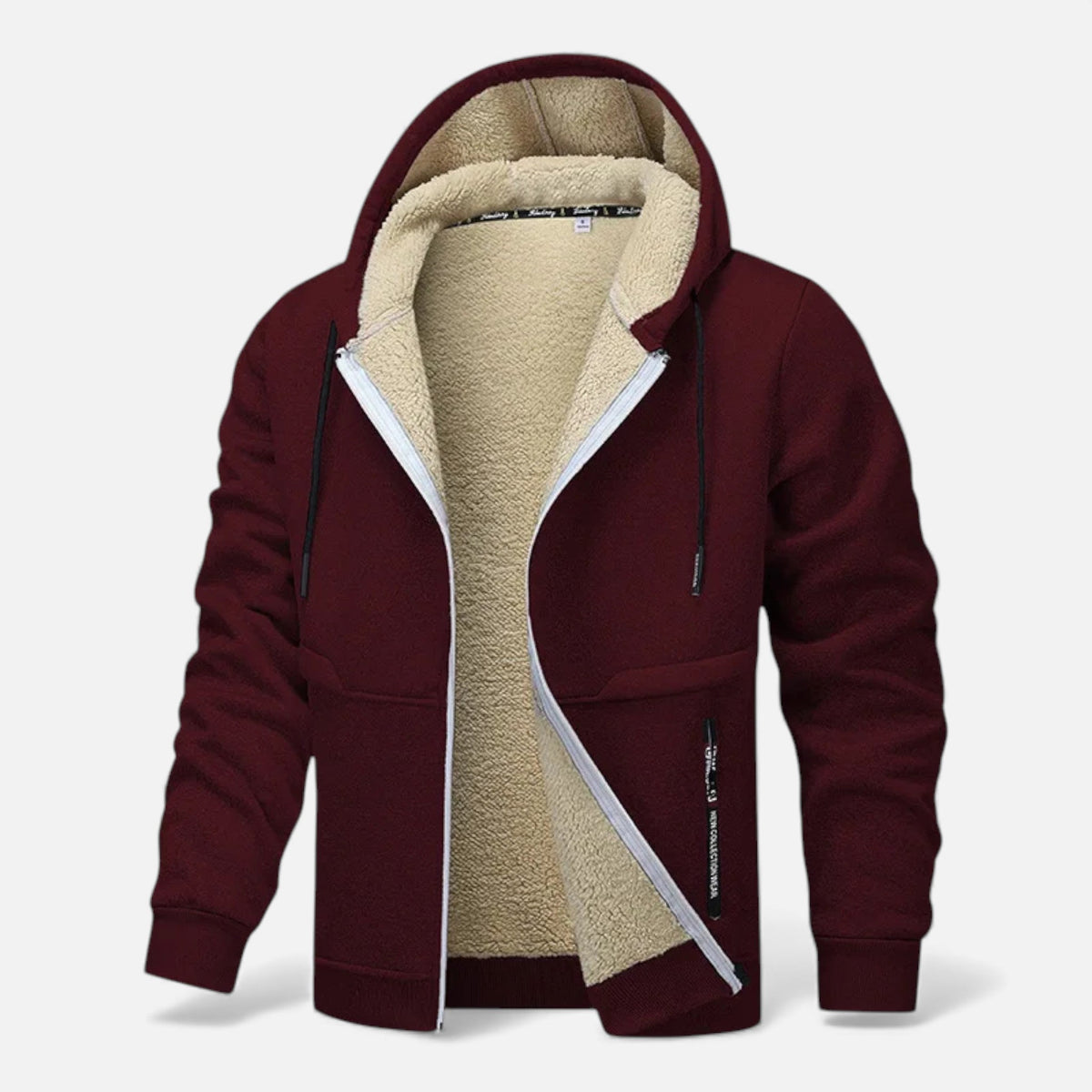 Men's fleece-lined winter hoodie jacket in burgundy — additional view