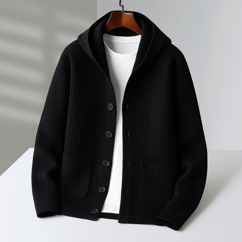 Men's chunky ribbed hooded cardigan in black — additional view
