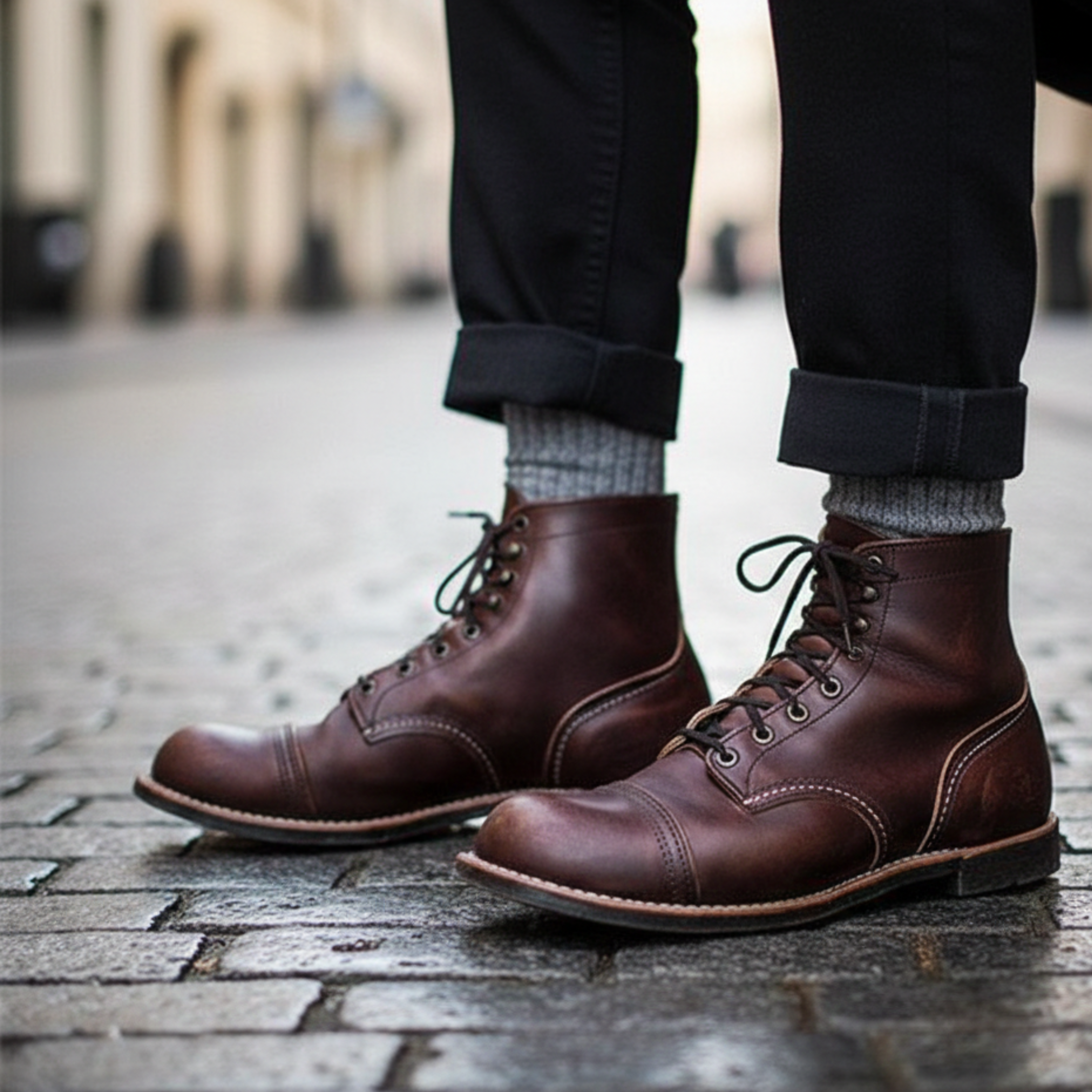 Men's leather lace-up combat boots in dark brown — detail view