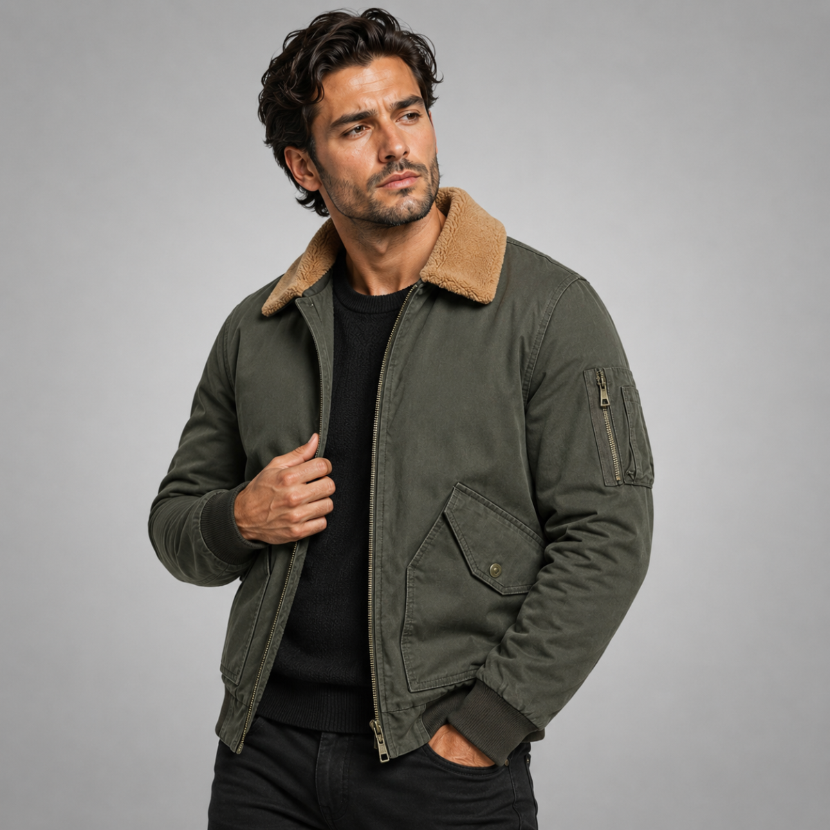 Men's sherpa-lined bomber jacket in army green — additional view