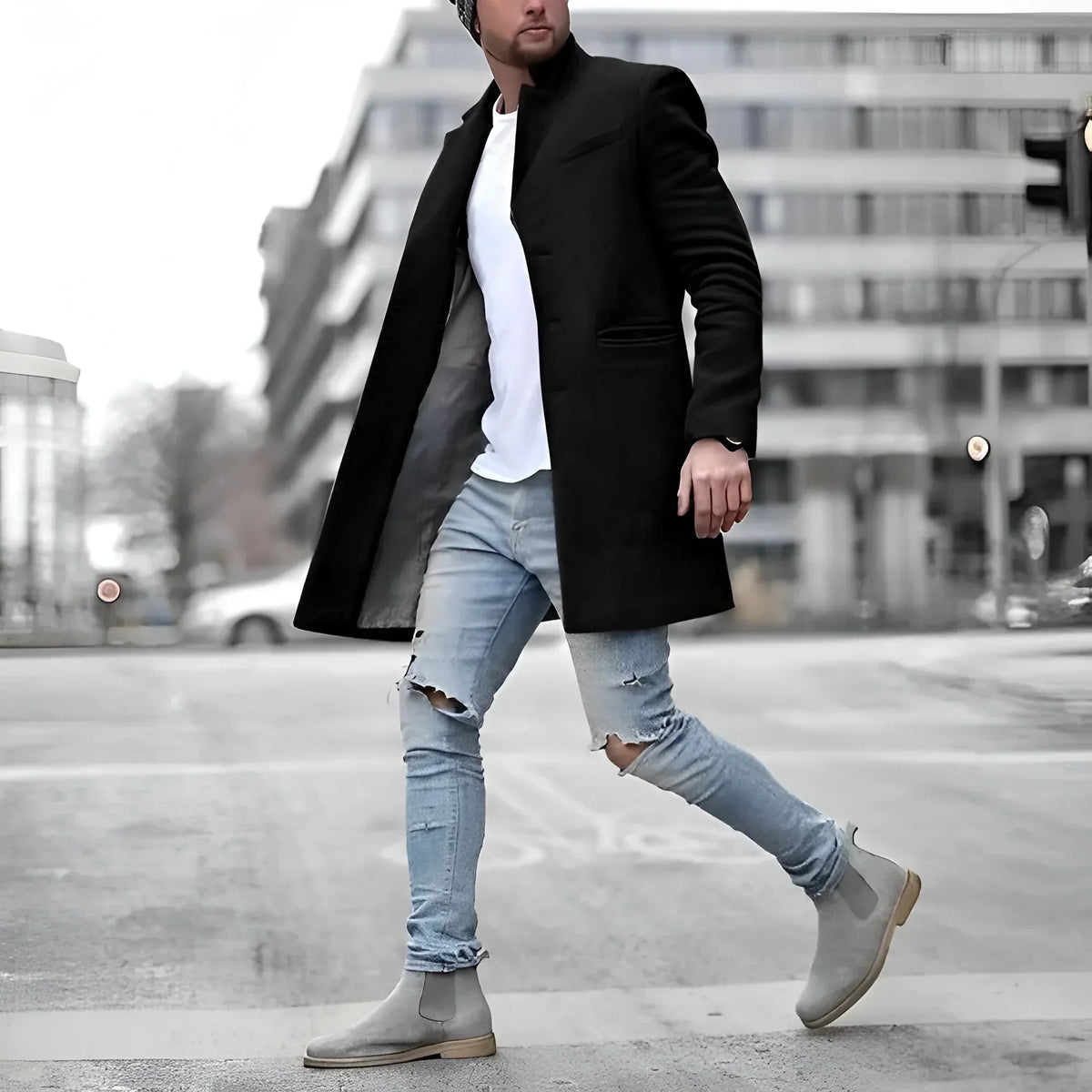 Men's long wool duster coat in black — alternate view