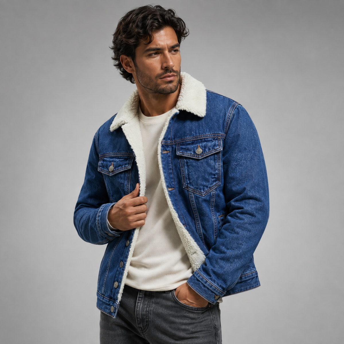 Men's fleece-lined classic denim jacket in deep blue — additional view