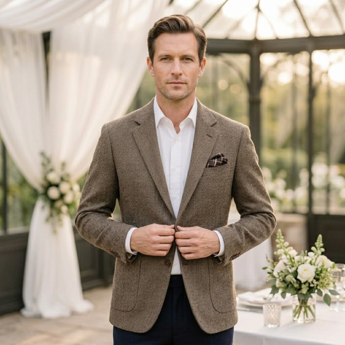 Men's single-breasted herringbone blazer in khaki — additional view