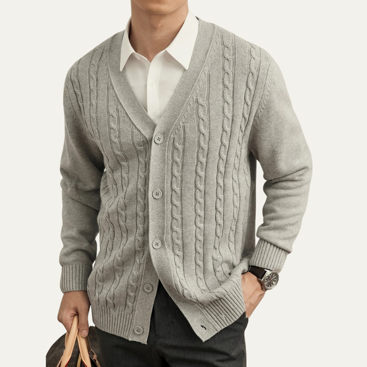 Men's cable knit v-neck cardigan in grey