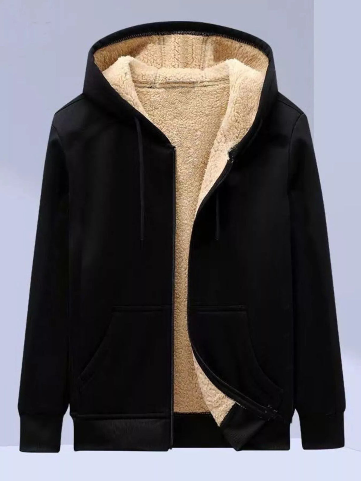 Men's zip-up sherpa-lined hoodie in black — alternate view