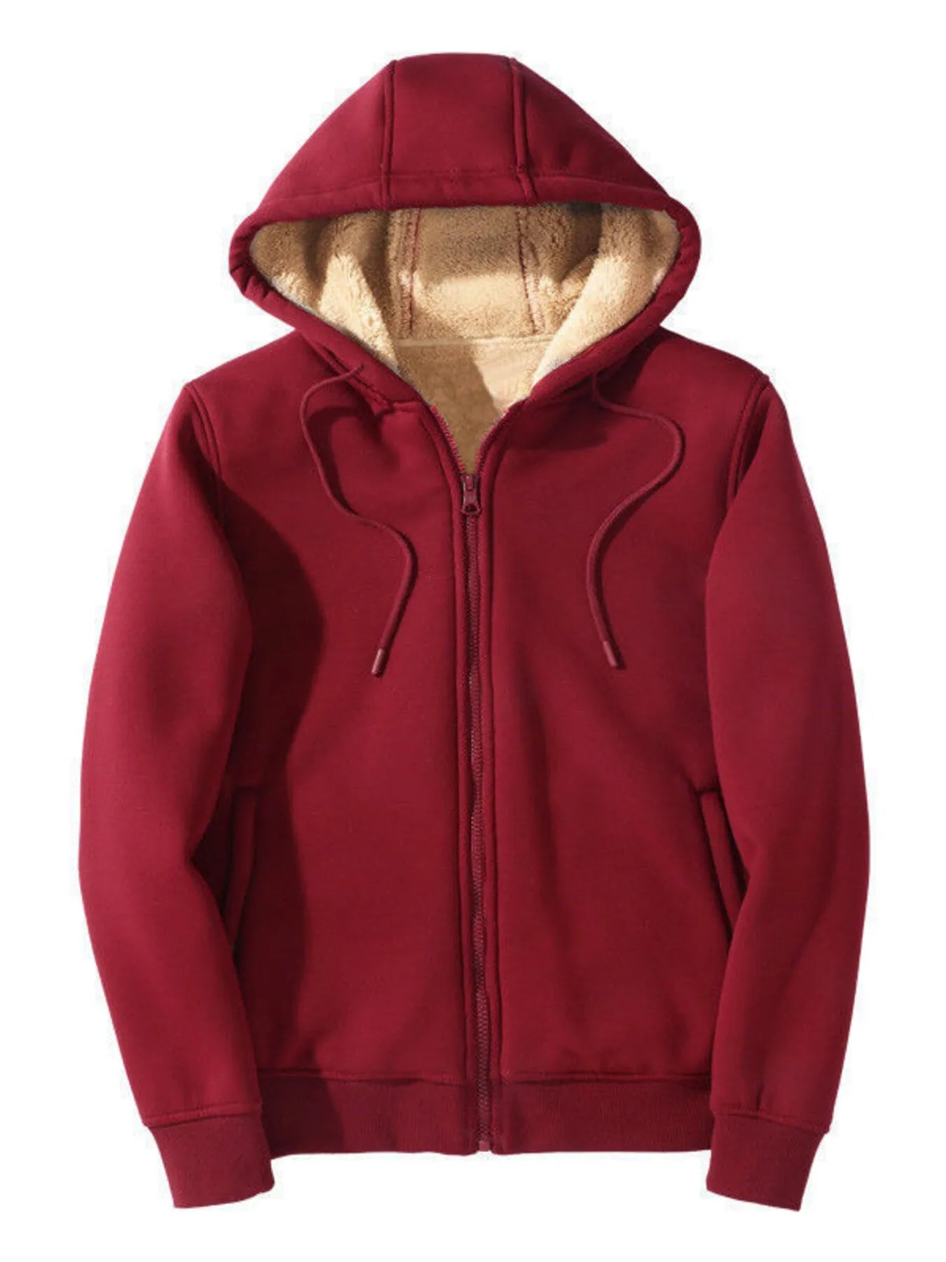 Men's zip-up sherpa-lined hoodie in burgundy — detail view
