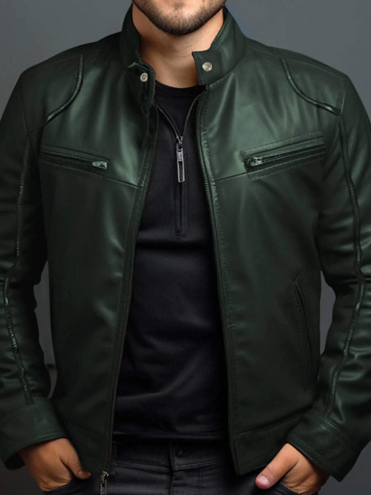 Men's zip-front faux leather biker jacket in dark green — additional view