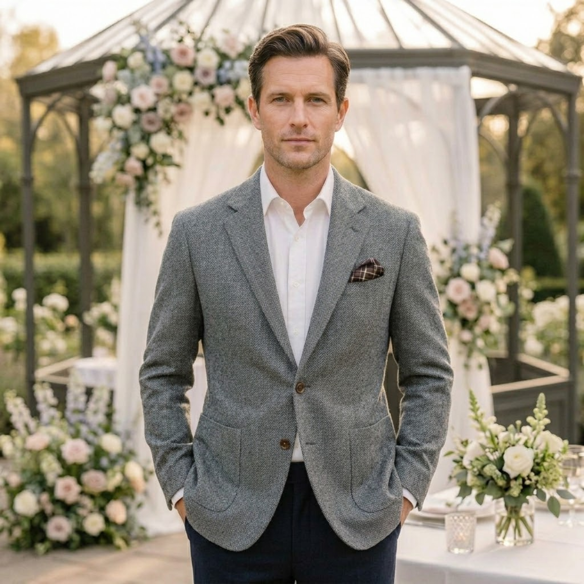 Men's single-breasted herringbone blazer in gray — additional view