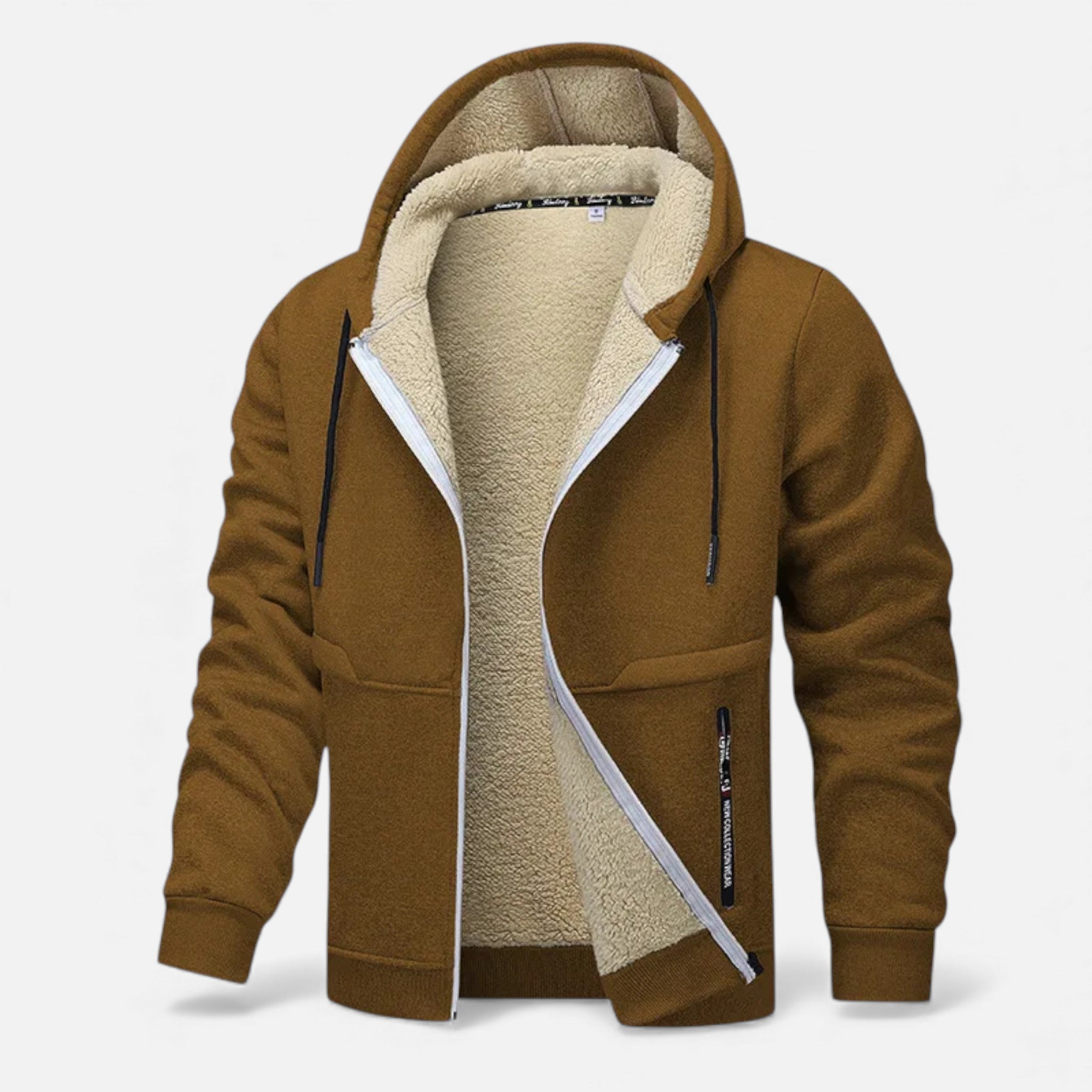 Men's fleece-lined winter hoodie jacket in brown — additional view