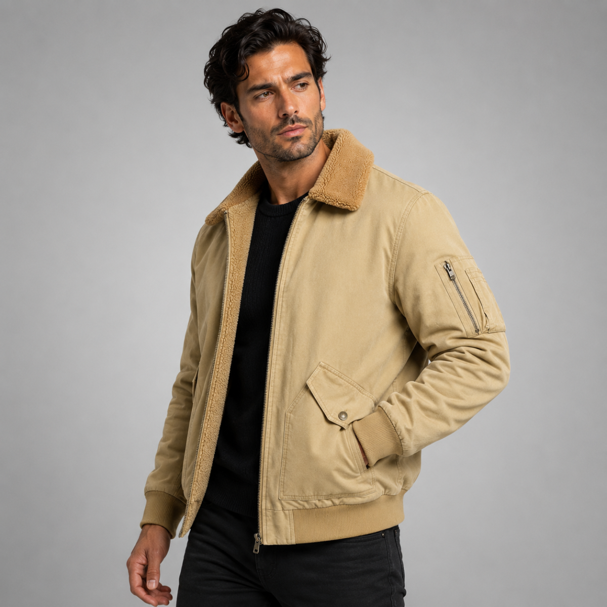 Men's sherpa-lined bomber jacket in khaki — additional view